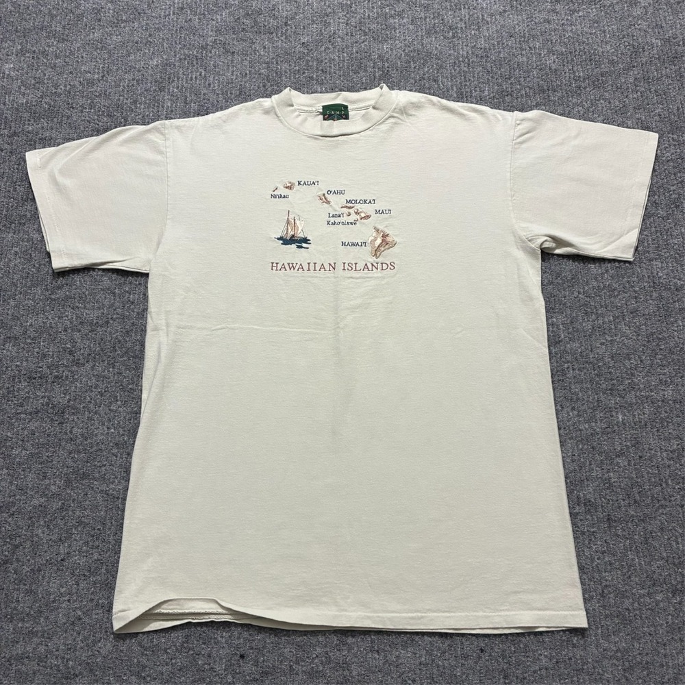 Vintage Camp David Hawaiian Island T-Shirt Mens Size Large‎ Beige Short Sleeve